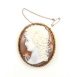 Shell cameo oval brooch/pendant carved with a young woman's head with a lyre, in a gilt metal