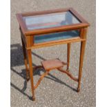Inlaid mahogany rectangular vitrine table with a hinged glazed top and sides, with under tier, on