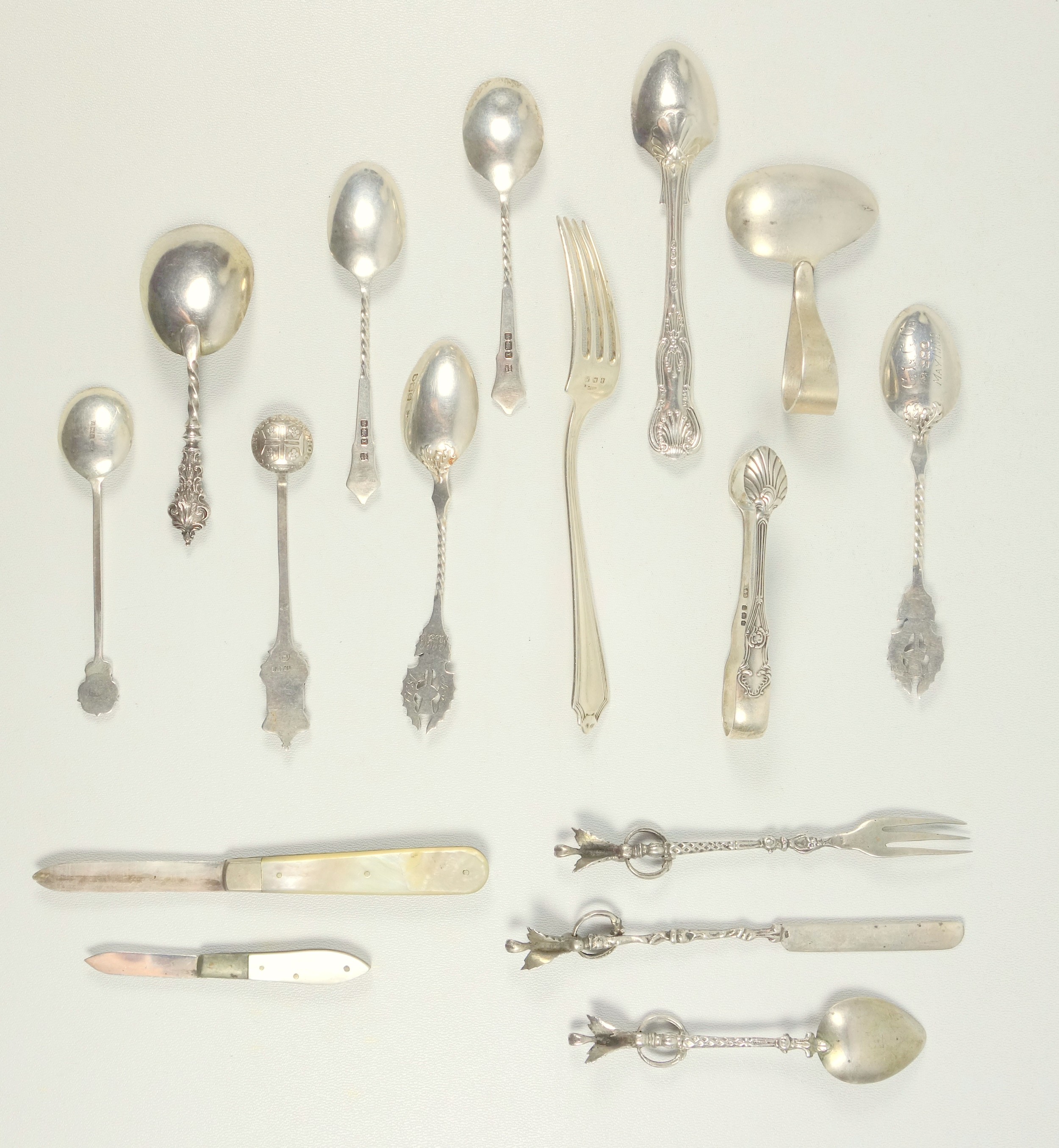 Late Victorian silver King’s pattern egg spoon, caddy spoon, 6 other spoons, fork, pair of tongs, - Image 2 of 2