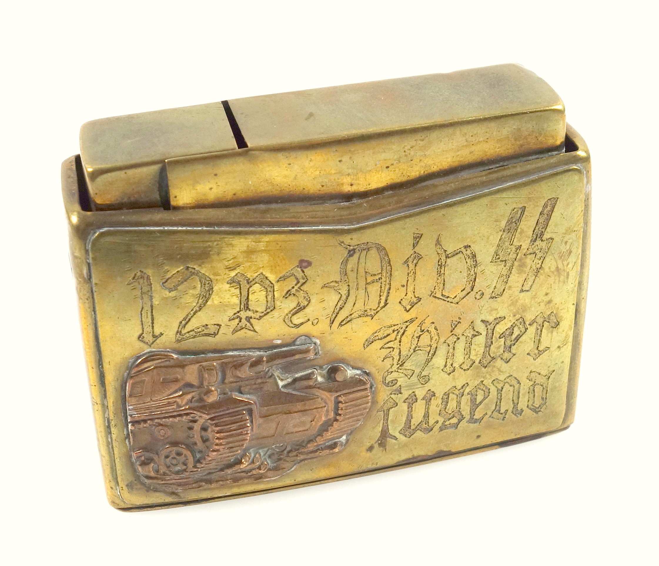 WW2 German brass table lighter inscribed '12 pz. Div. SS Hitlerjugend', with applied metal tank