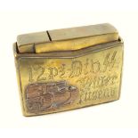 WW2 German brass table lighter inscribed '12 pz. Div. SS Hitlerjugend', with applied metal tank