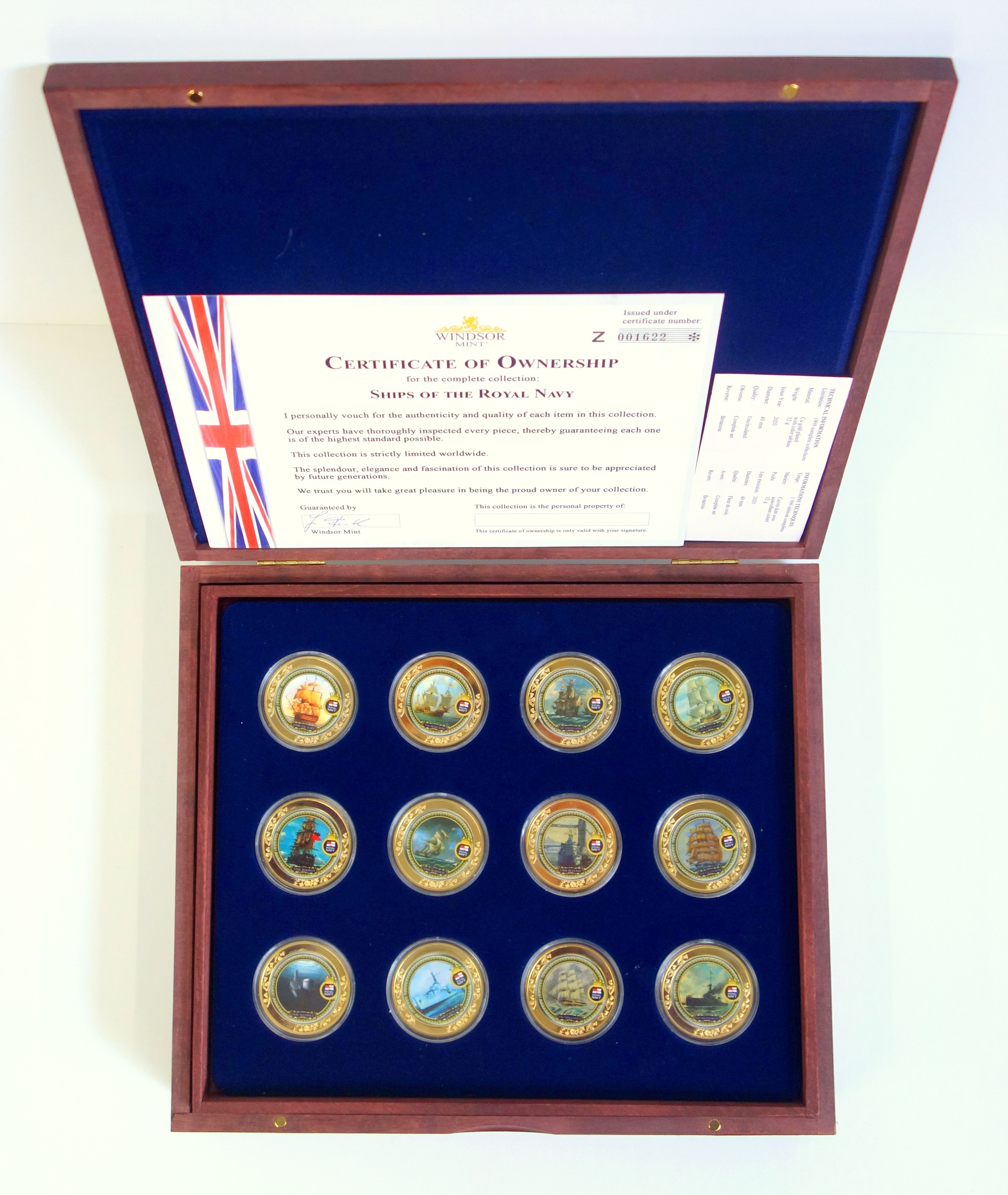 Windsor Mint Proof set of 24 gold plated with colour tableau Ships of the Royal Navy medals with C