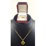 Chinese yellow metal flat curb-link necklace with pierced lozenge pendant stamped "9999", and a