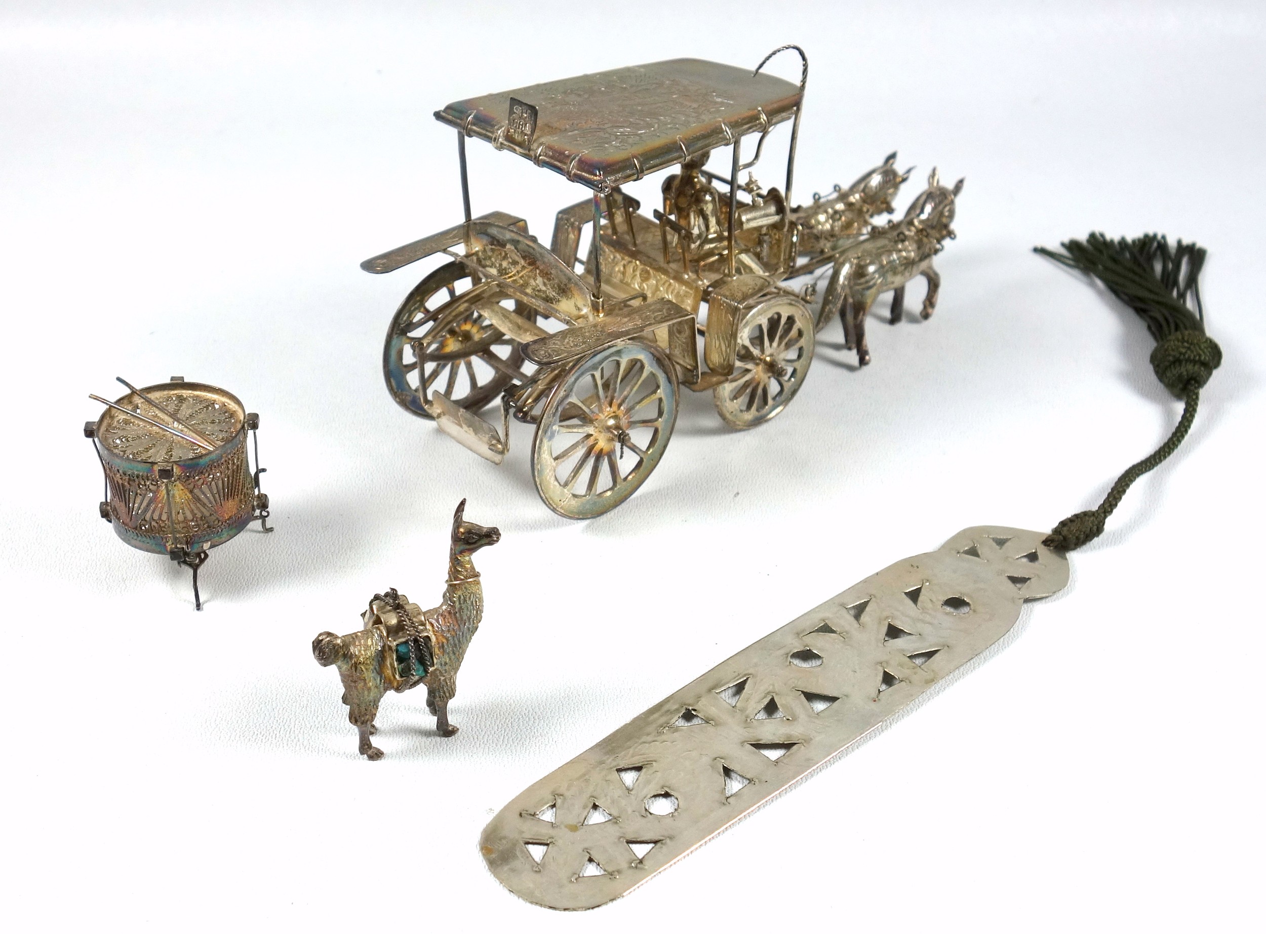 Burmese white metal model of a covered carriage with figure and 2 horses, L 15.7cm, model of a - Image 3 of 4