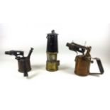 Optimus No.411 Swedish paraffin blow lamp/torch, smaller blow torch, and a brass miner's lamp,