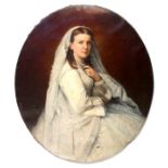 19th century British school, oval wedding portrait of a young woman in a white bridal gown and veil,