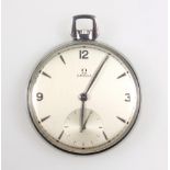 Omega stainless steel pocket watch with a champagne dial, seconds dial, Roman numerals and arrow