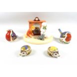 Royal Crown Derby bone china Christmas Robin, 6.6cm; smaller robin, 6.5cm, and 2 hedgehogs, all with