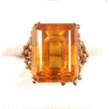 Yellow metal ring set emerald cut citrine, 18 x 14 mm, stamped 18K, gross 11.6grs