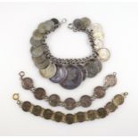 Silver coin bracelet with a Charles II crown, silver and other coins, and 2 other coin bracelets,