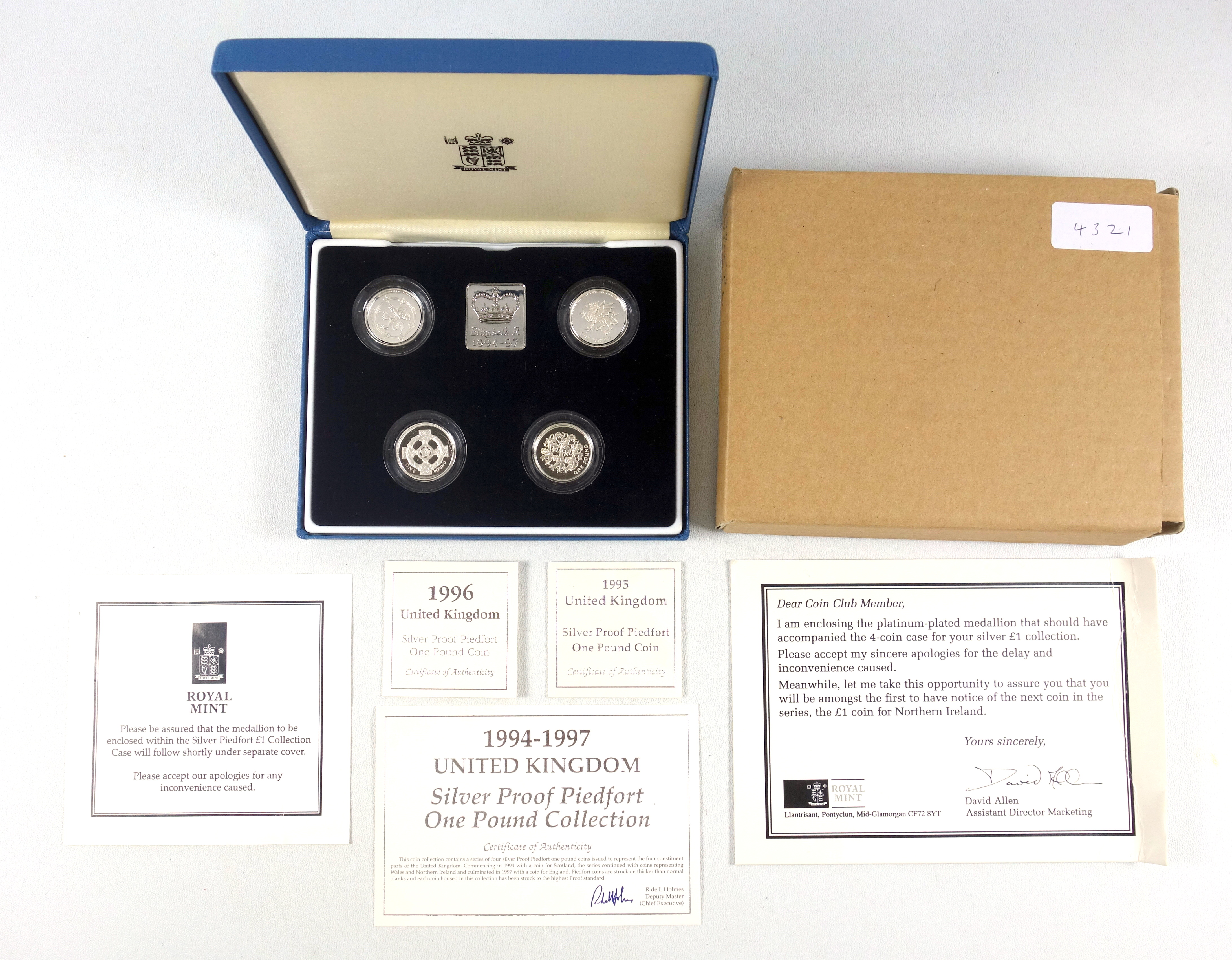 Elizabeth II Royal Mint £1 silver Proof Piedfort collection, 1994-1997, with C of As, cased and