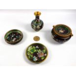 A collection of cloisonne wares to include a swivel ashtray atop a pot 9.5cm, another ashtray 9cm, a