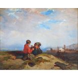 After Shayer, 2 figures resting by an estuary, ships and buildings beyond, oil on canvas, signed "G.