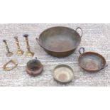 Victorian copper preserving pan, D.49.5cm, smaller pan, 2 vessels, 3 Georgian brass candlesticks and