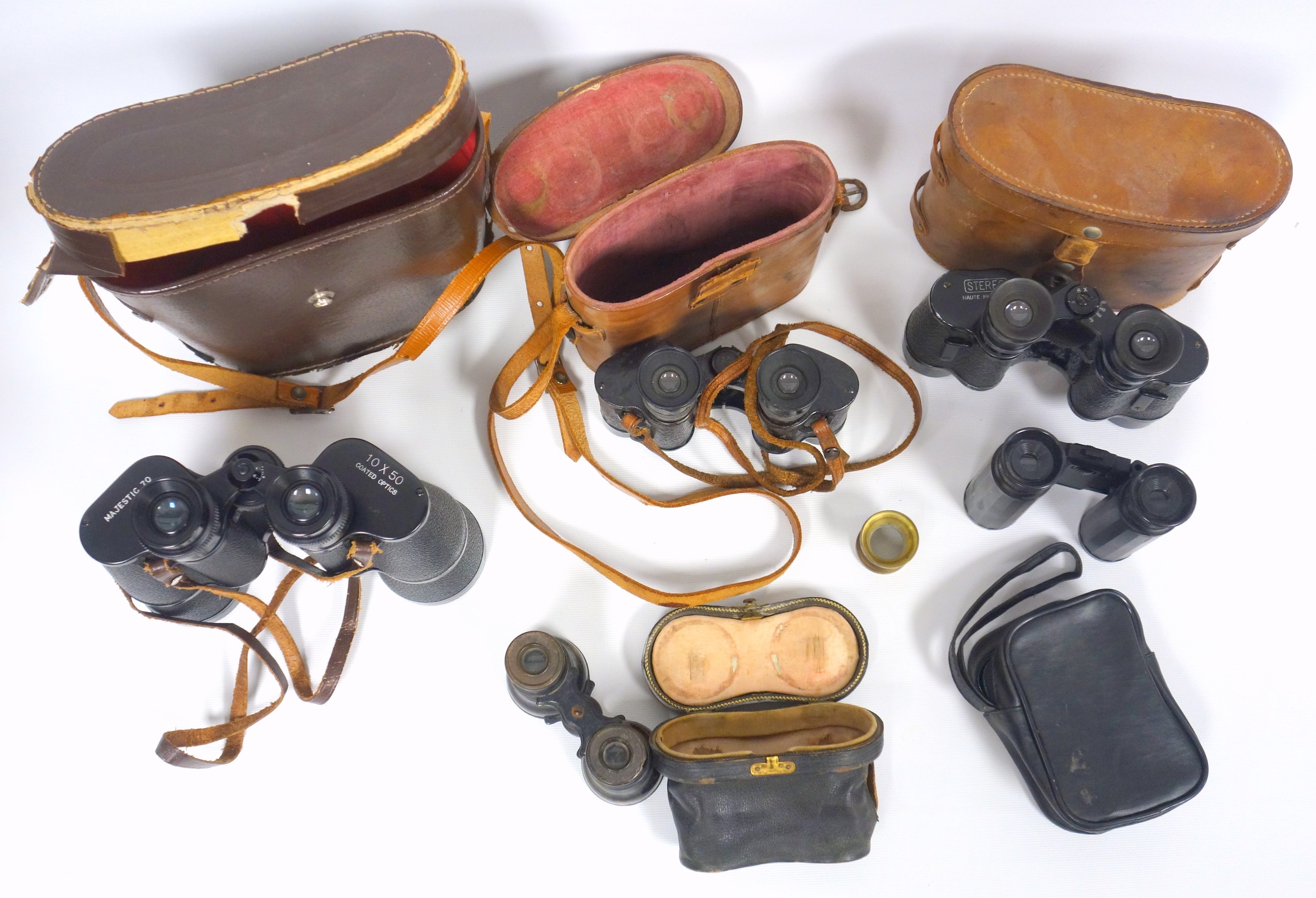 Collection of 4 binoculars, largest 10 x 50, cased, and pair of opera glasses, cased. (5)