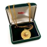 Shell gilt metal rope-twist necklace with a diamond set disc pendant, stamped "750", 16.4grs,