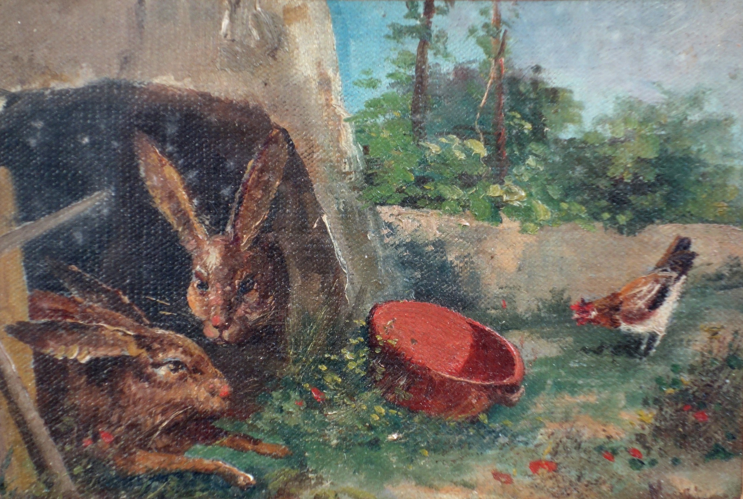 Rabbits and a Chicken, acrylic on canvas, unsigned, artist unknown, 12 x 18cm