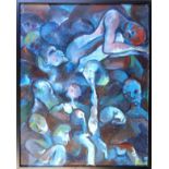 Abstract mass of bodies, oil on canvas, signed, artist unknown, 91 x 72cm
