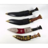 Four Gurkha Kukri knives, one marked "Ordep Nepal 982", with an ebonised wood and brass handle in