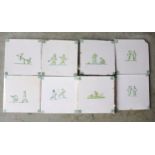 19th century delft tiles, square, handpainted in green depicting children playing, 13cm, approx.
