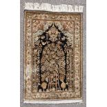 Persian silk "Tree of Life" prayer hanging, the noir field with a flowering tree beneath a mihrab by