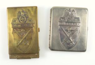 WW2 German brass cigarette case and lighter with applied Demjansk 1942 emblem (possibly using a