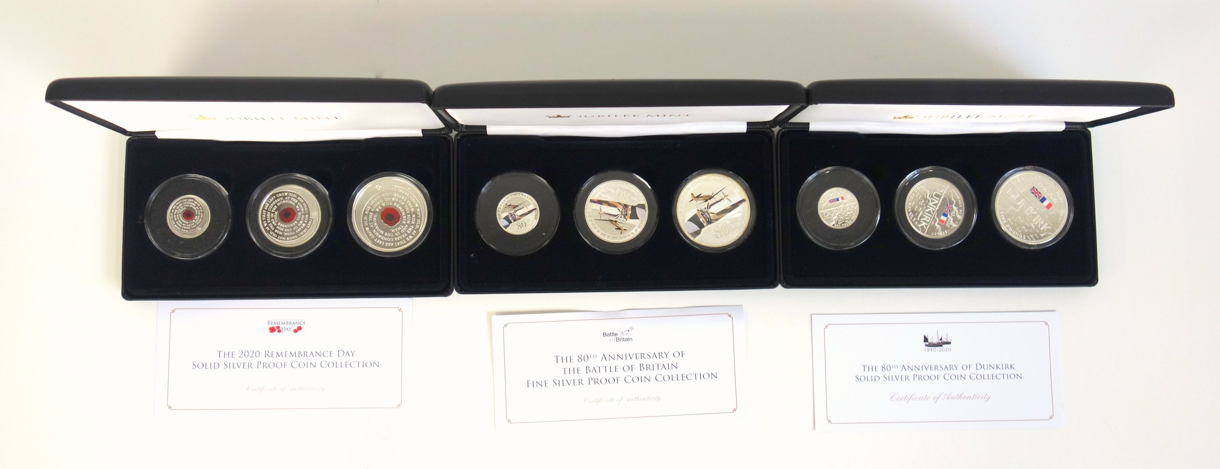 Jubilee Mint Alderney Proof silver 80th anniversary 3 coin sets, comprising Dunkirk, Battle of