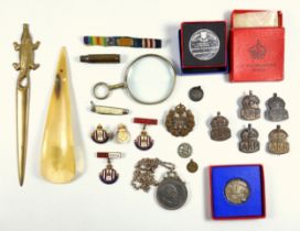George VI silver ARP badges, by RJ., London 1936, (2), by JC., London 1938 (3), a box, RAF cap