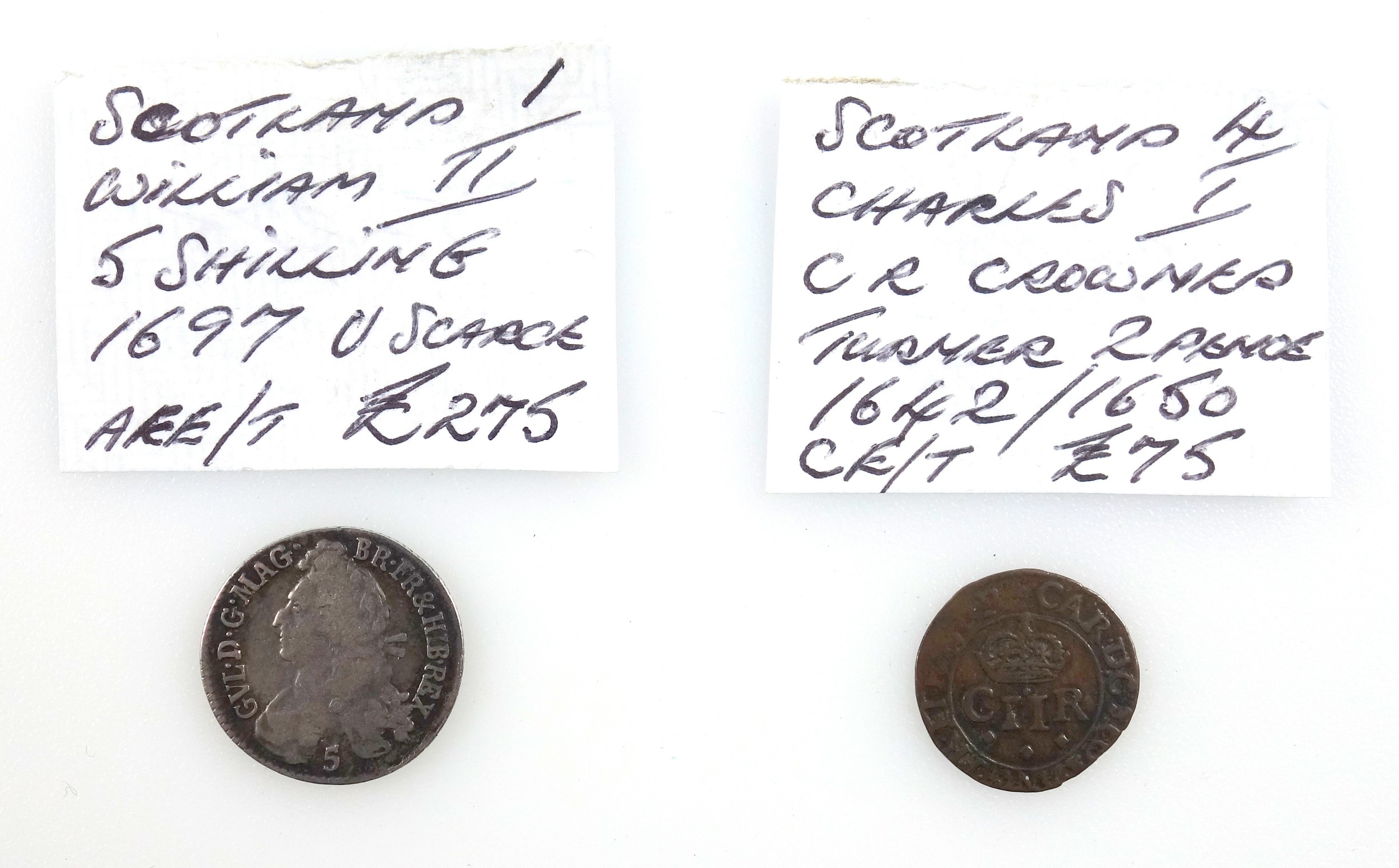 Scotland Charles I twopence, 1642-50, n.f., and a William II 5 shillings, 1697, n.f.