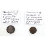 Scotland Charles I twopence, 1642-50, n.f., and a William II 5 shillings, 1697, n.f.