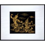 Balinese school, figures dancing, gold and black silk panel, 25 x 29cm