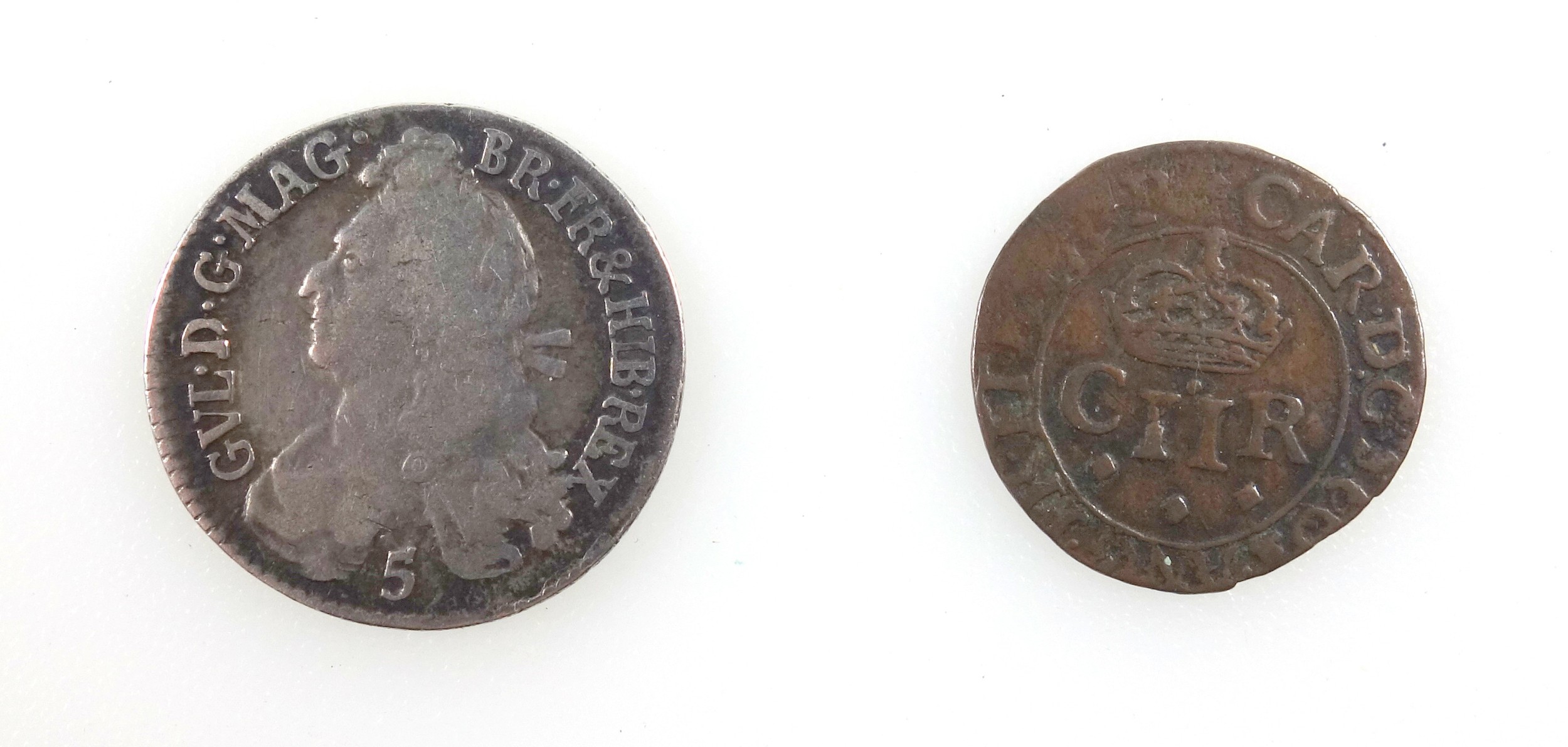 Scotland Charles I twopence, 1642-50, n.f., and a William II 5 shillings, 1697, n.f. - Bild 2 aus 3