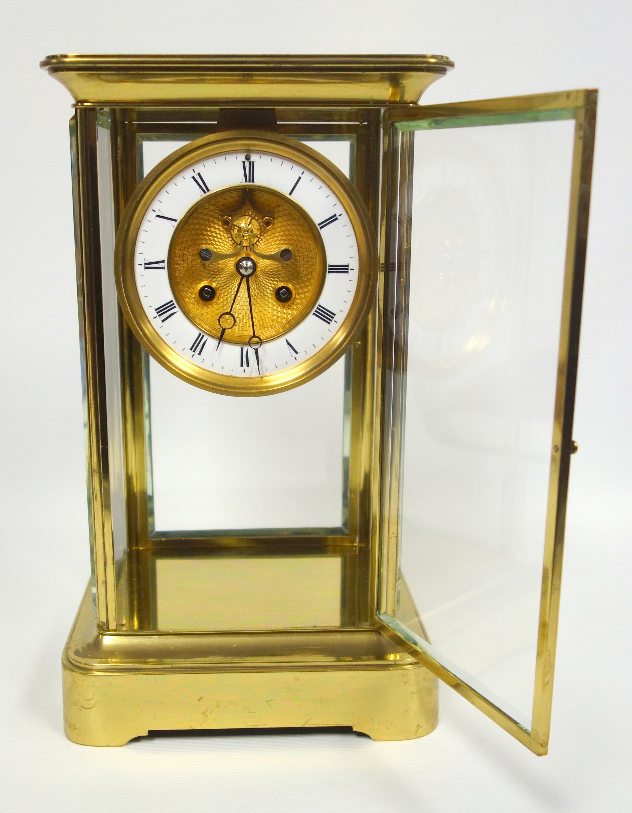 Late 19th century 4-glass clock with a gilt circular dial with visible escapement, white enamelled - Image 3 of 8