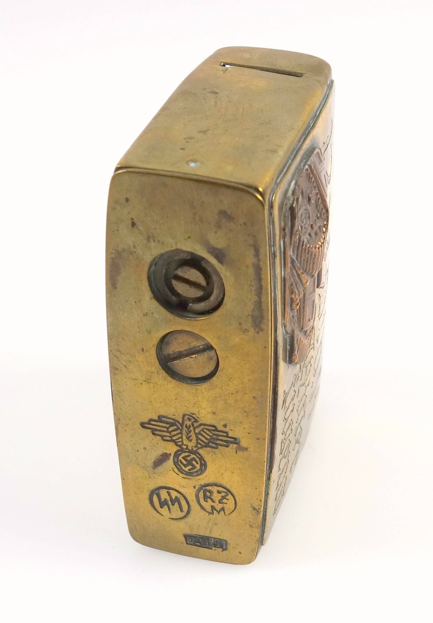 WW2 German brass table lighter inscribed '12 pz. Div. SS Hitlerjugend', with applied metal tank - Image 2 of 5