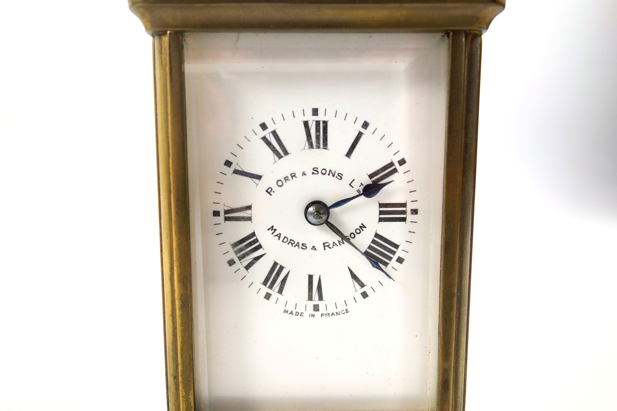 An early 20th century brass carriage timepiece with white Roman numeric dial, marked "P. Orr & - Image 8 of 9