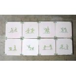 19th century delft tiles, square, handpainted in green depicting children playing, 13cm, approx.