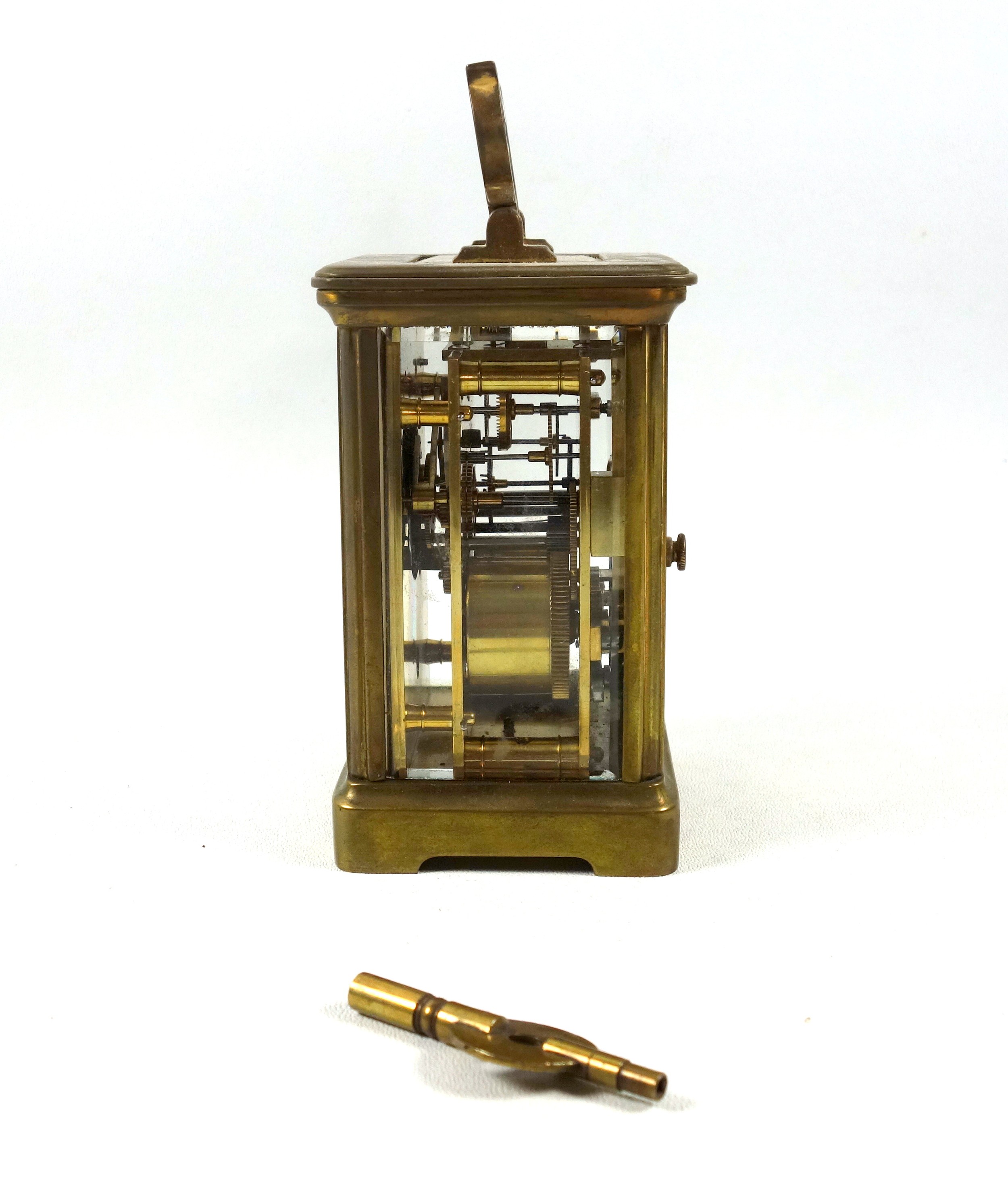 An early 20th century brass carriage timepiece with white Roman numeric dial, marked "P. Orr & - Image 3 of 9