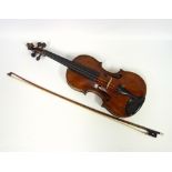 Old violin, length of 1 piece back, 13.9 inches, with a bow, cased. (3)