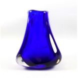 Murano Sommerso style cobalt blue and clear glass vase, signature to base. 17.5cm.