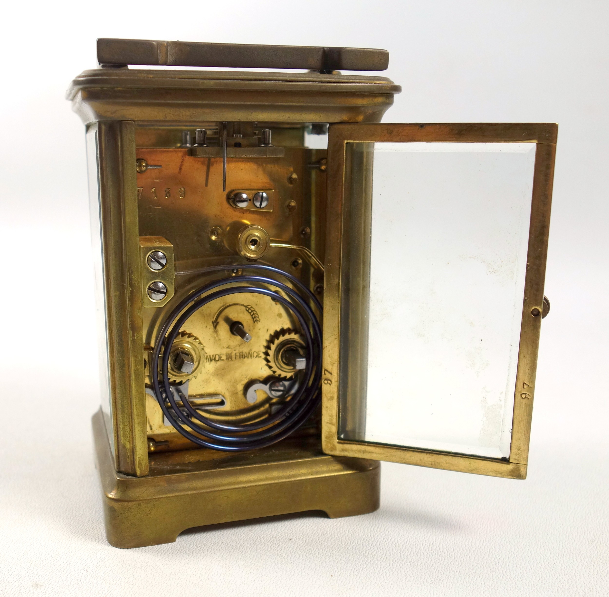 An early 20th century brass carriage timepiece with white Roman numeric dial, marked "P. Orr & - Image 9 of 9