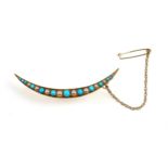 Yellow metal crescent brooch set turquoise and seed pearls, W5.4cm, gross 4.8grs