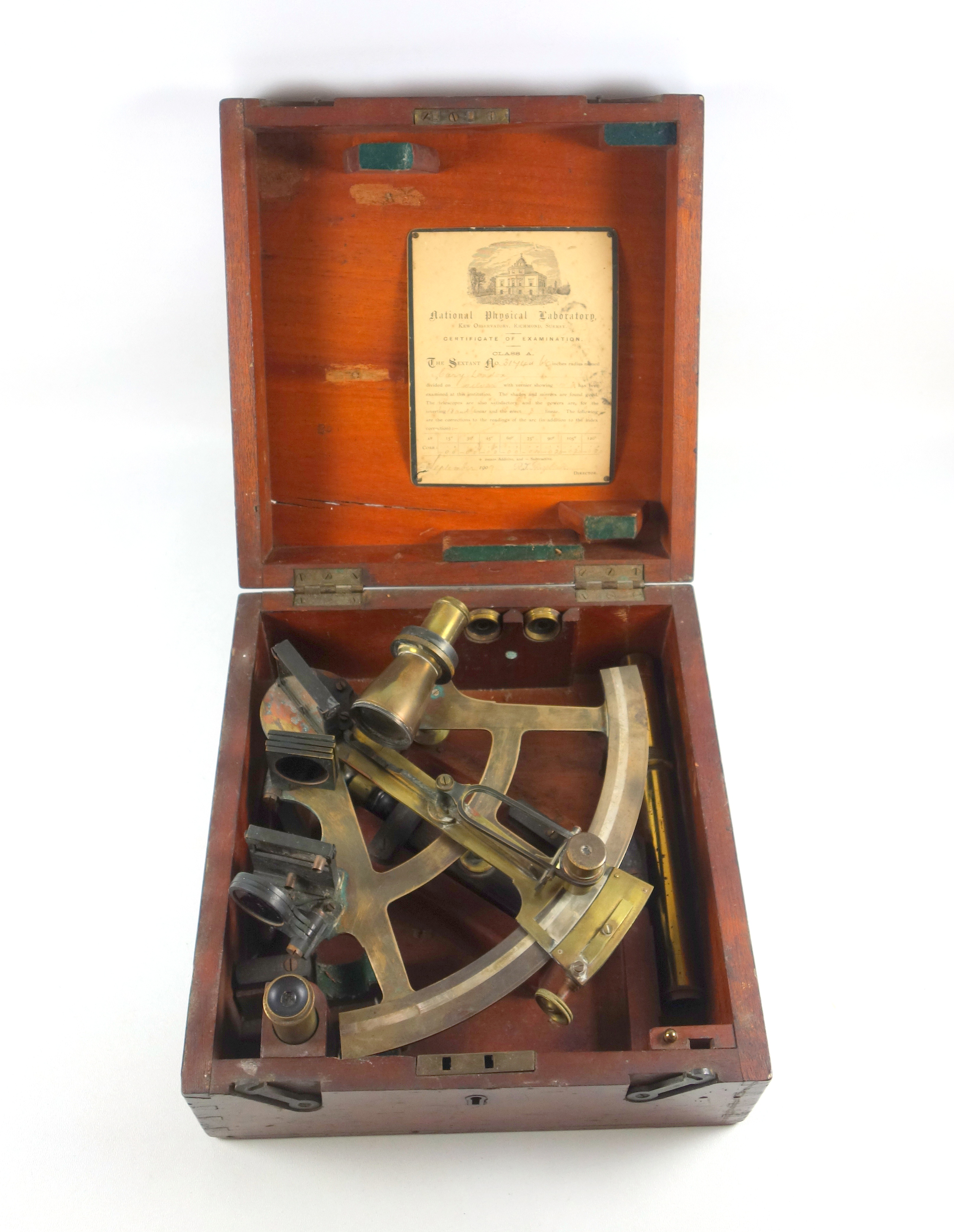 Edwardian 6 1/2 inch radius brass sextant by William Cary, London, in mahogany case with certificate