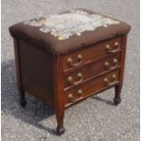 Edwardian stained beech piano stool with gros point upholstered seat and 3 fall front drawers below,