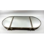 Silver plated 3 piece bevelled glass miror centrepiece stand, with semi-circular ends, on turned