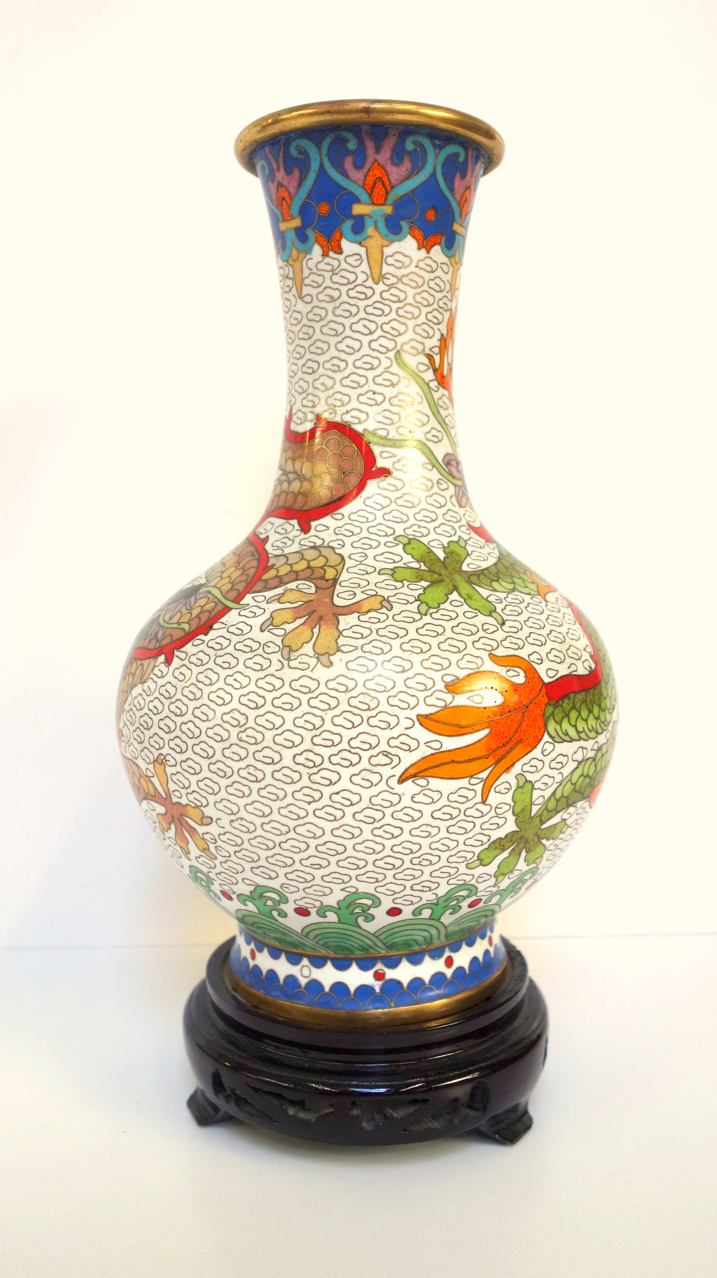 Chinese cloisonne baluster vase with 2 five clawed dragons and the flaming pearl on a white - Image 2 of 6