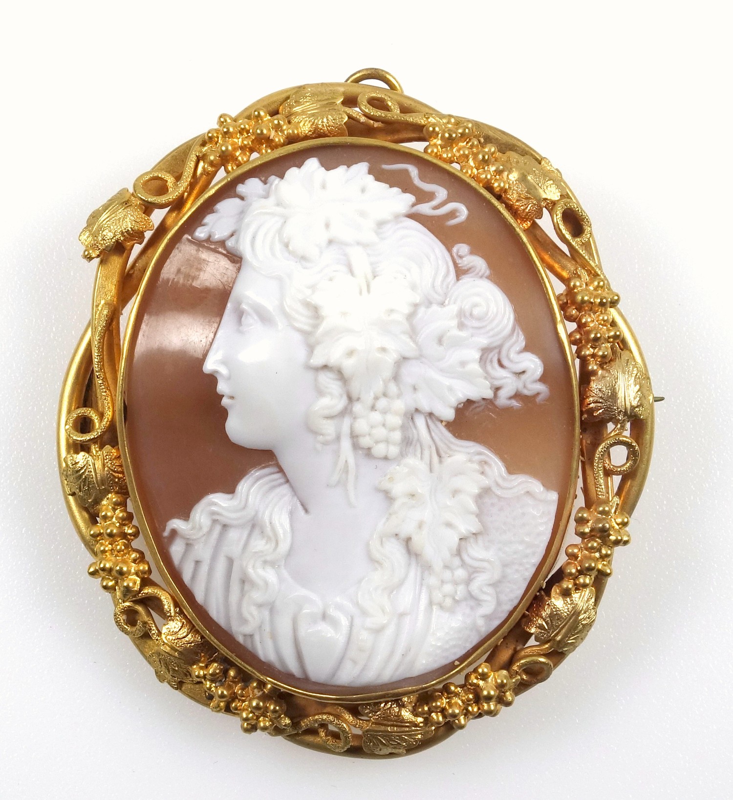 Victorian cameo pendant brooch, finely carved shell portrait of a classical lady with grapes in