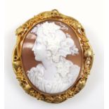 Victorian cameo pendant brooch, finely carved shell portrait of a classical lady with grapes in