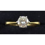 Yellow metal ring, size O1/2, possibly 18ct, set with solitaire diamond (0.75 carats approx)