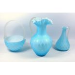 2 Late Victorian quilted satin glass jug form vases and a handled posey bowl, tallest H.25 cm. (3)