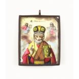 Russian enamelled icon pendant painted with image of St. Nicholas of Myra, script on verso (